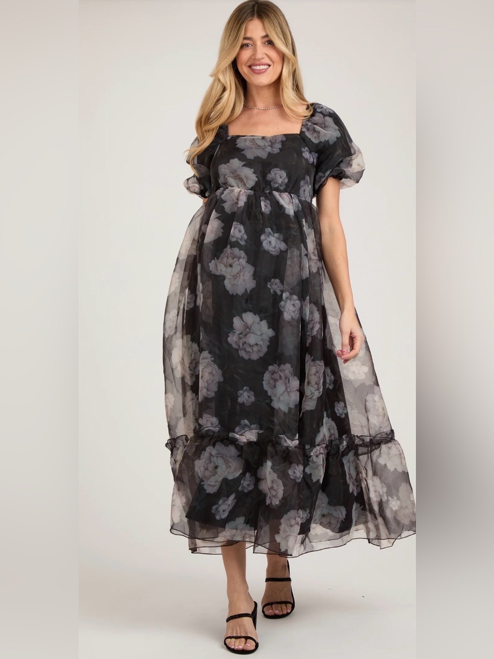 Polagram Black Floral Organza Square Neck midi dress